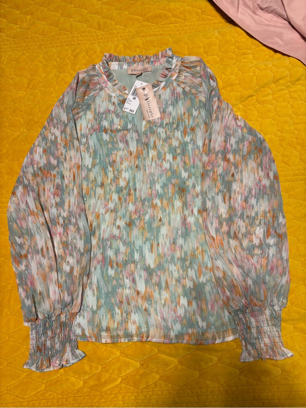 Philosophy Pastel Multi-Print Pleated Long Sleeve Blouse